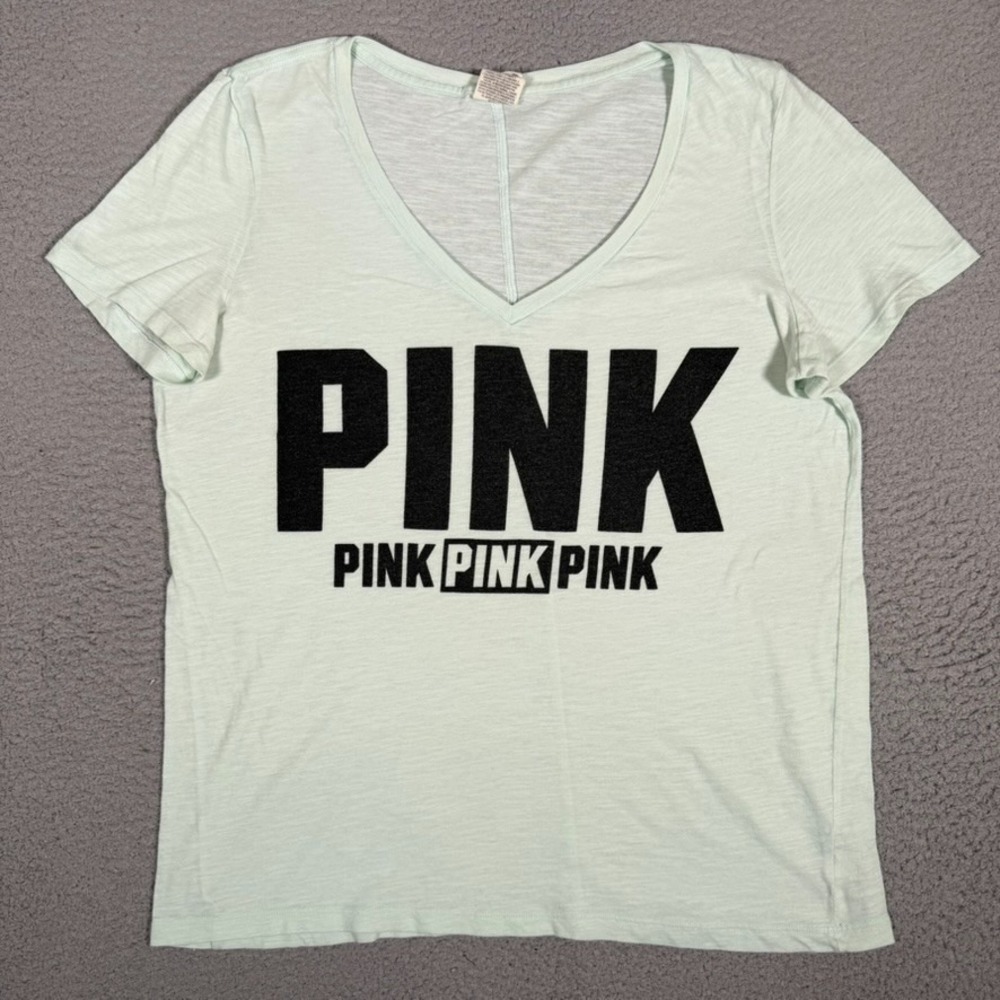 Pink Victoria Secret Shirt Womens Large Green V Neck Cotton Blend Lounge Soft